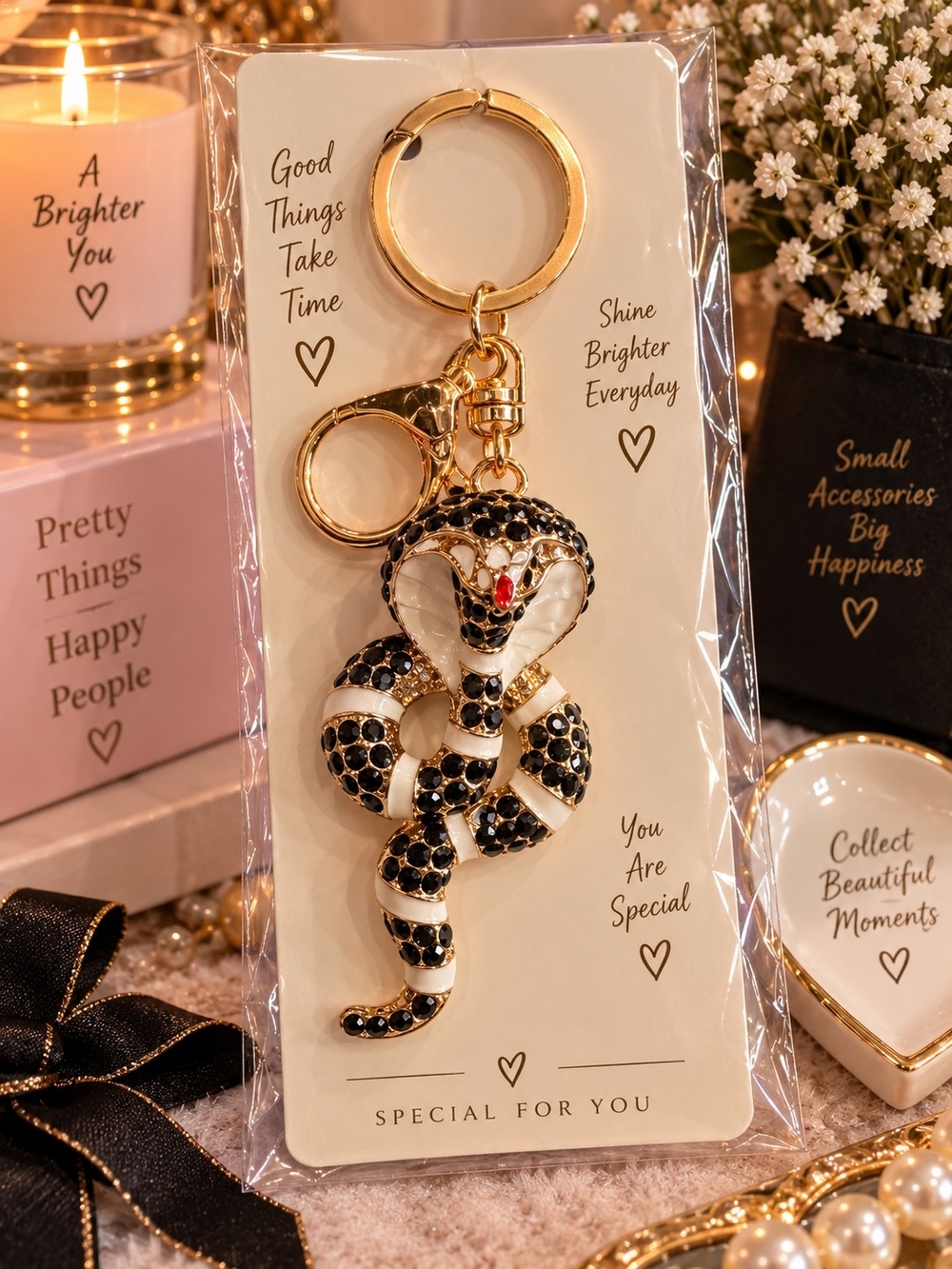 Gold Snake Keychain Pendant - Black & White